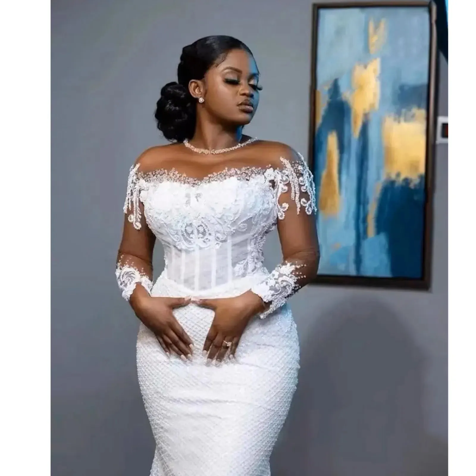 African White Mermaid Wedding Dresses Women Elegant Sheer Long Sleeved Bridal Gowns Lace Country Dress Second Reception Gown