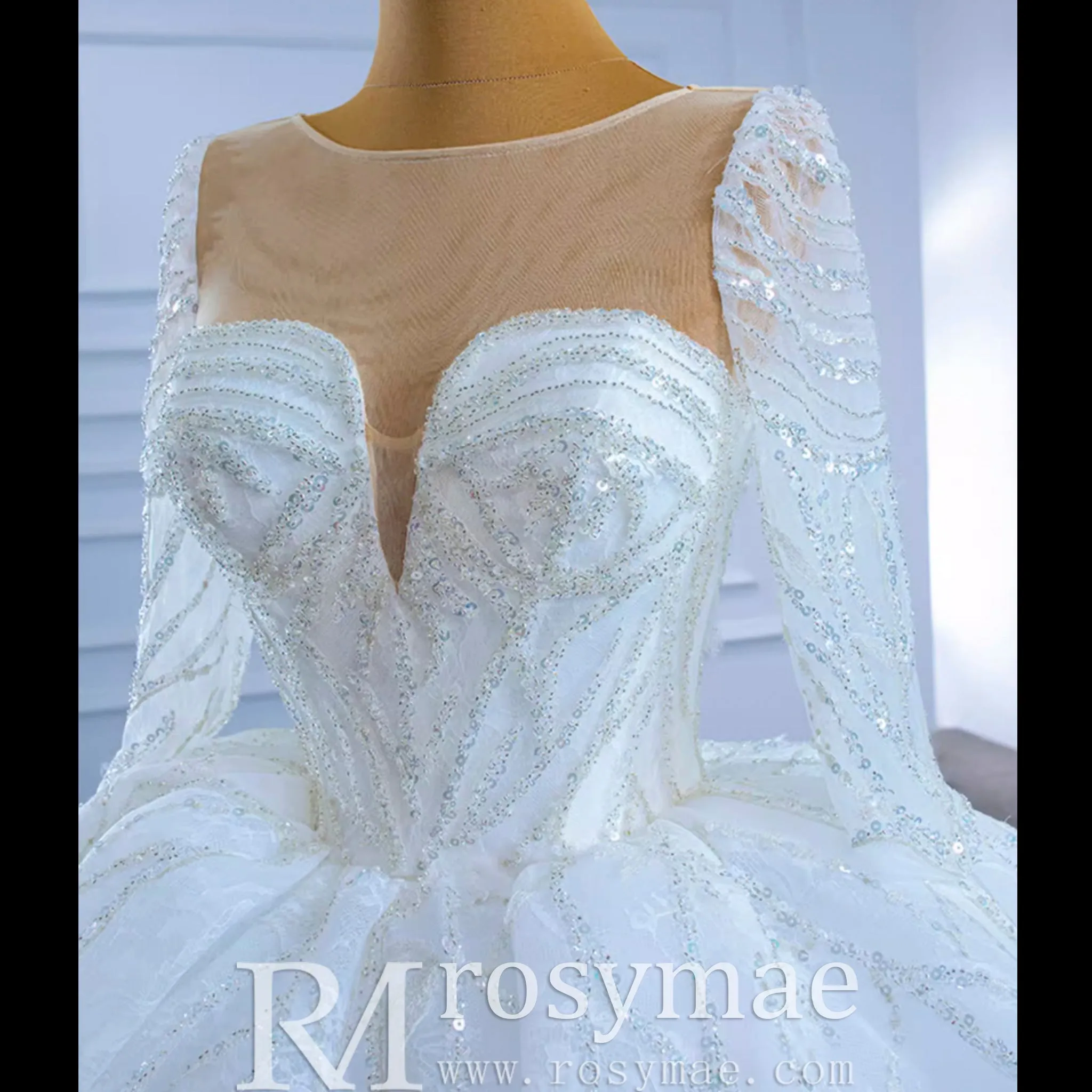 Beaded Long Sleeve Wedding Gown Luxury Sparkly Bridal Dress