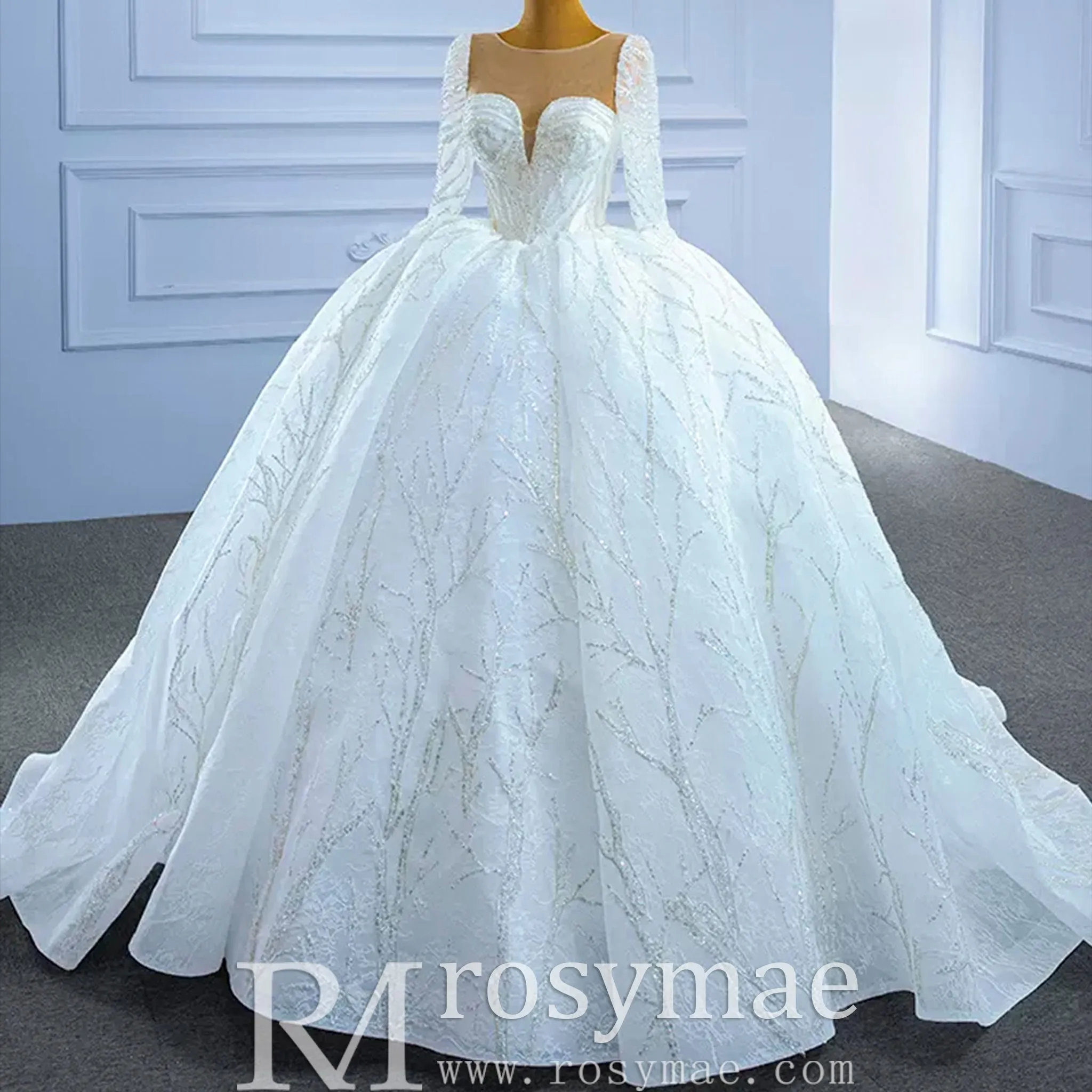 Beaded Long Sleeve Wedding Gown Luxury Sparkly Bridal Dress