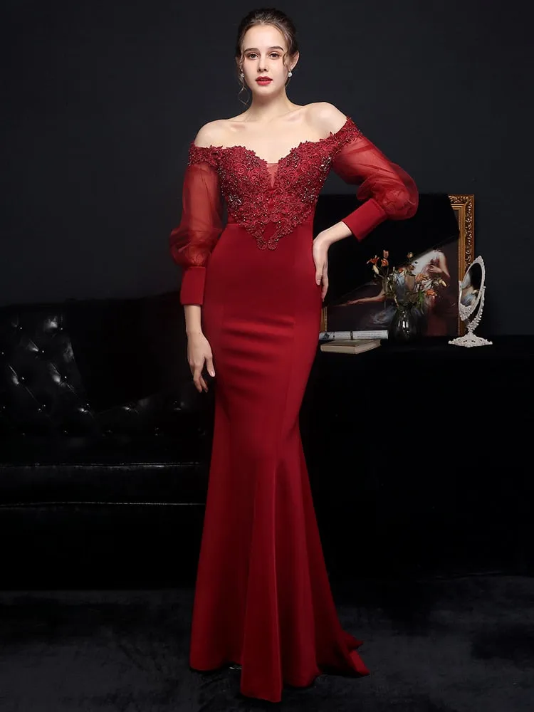 Beading Wedding Dress Women See through Tulle Long Sleeve Party Dress