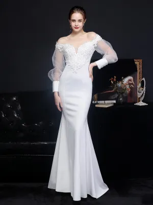 Beading Wedding Dress Women See through Tulle Long Sleeve Party Dress