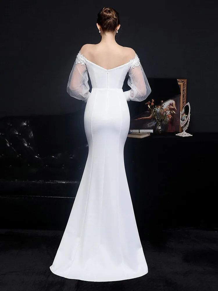 Beading Wedding Dress Women See through Tulle Long Sleeve Party Dress