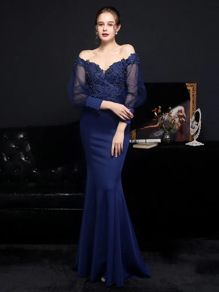 Beading Wedding Dress Women See through Tulle Long Sleeve Party Dress