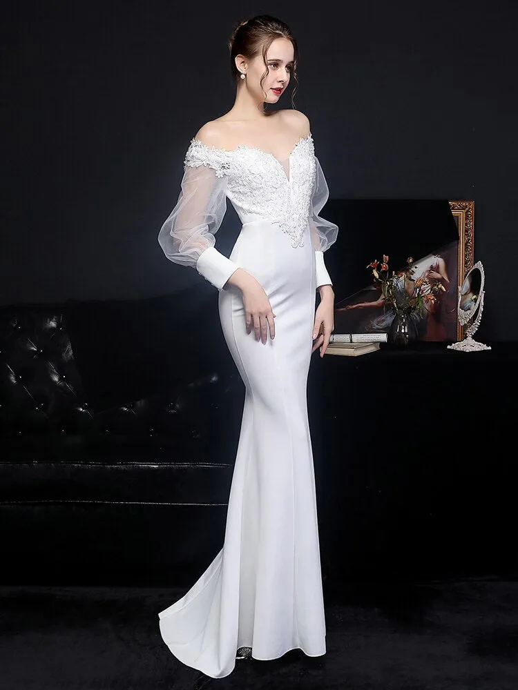 Beading Wedding Dress Women See through Tulle Long Sleeve Party Dress