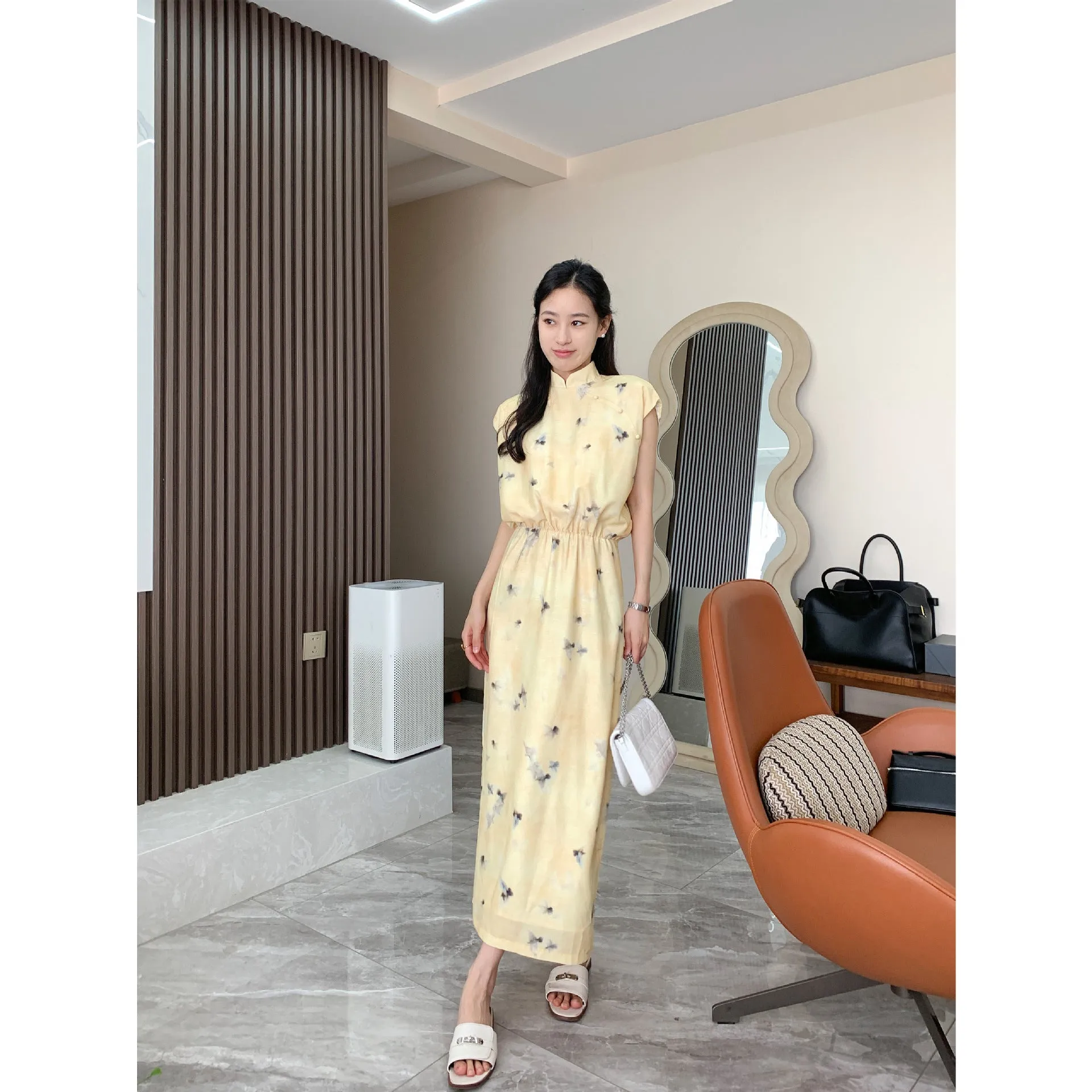 Beautiful New Chinese Style! Ink Painting Zen Bamboo Leaf Tulle Buckle New Chinese Printed Improved Cheongsam Dress Dress