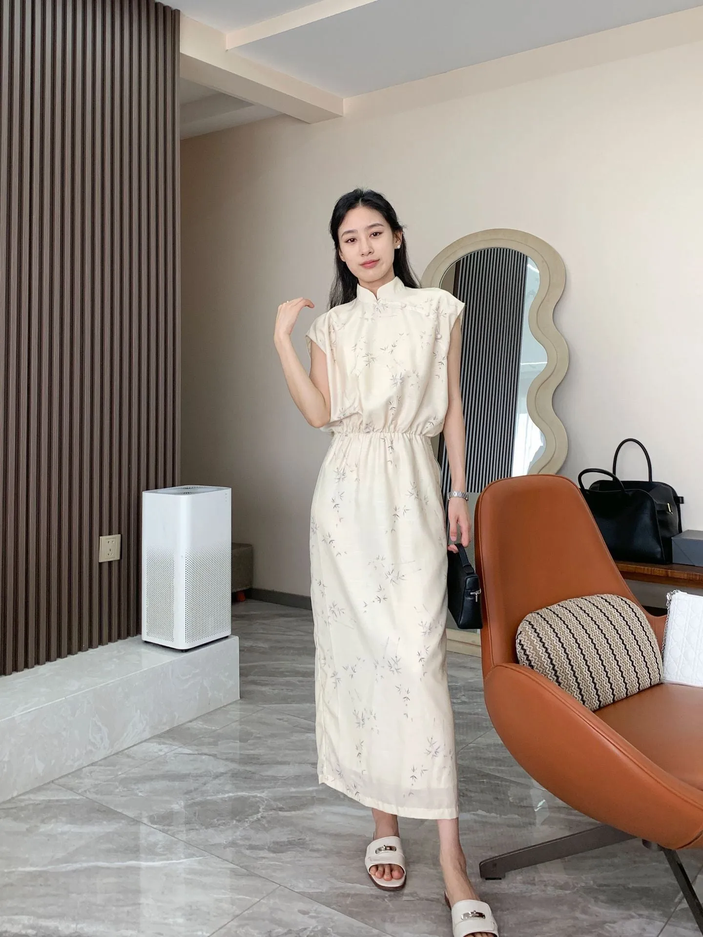 Beautiful New Chinese Style! Ink Painting Zen Bamboo Leaf Tulle Buckle New Chinese Printed Improved Cheongsam Dress Dress