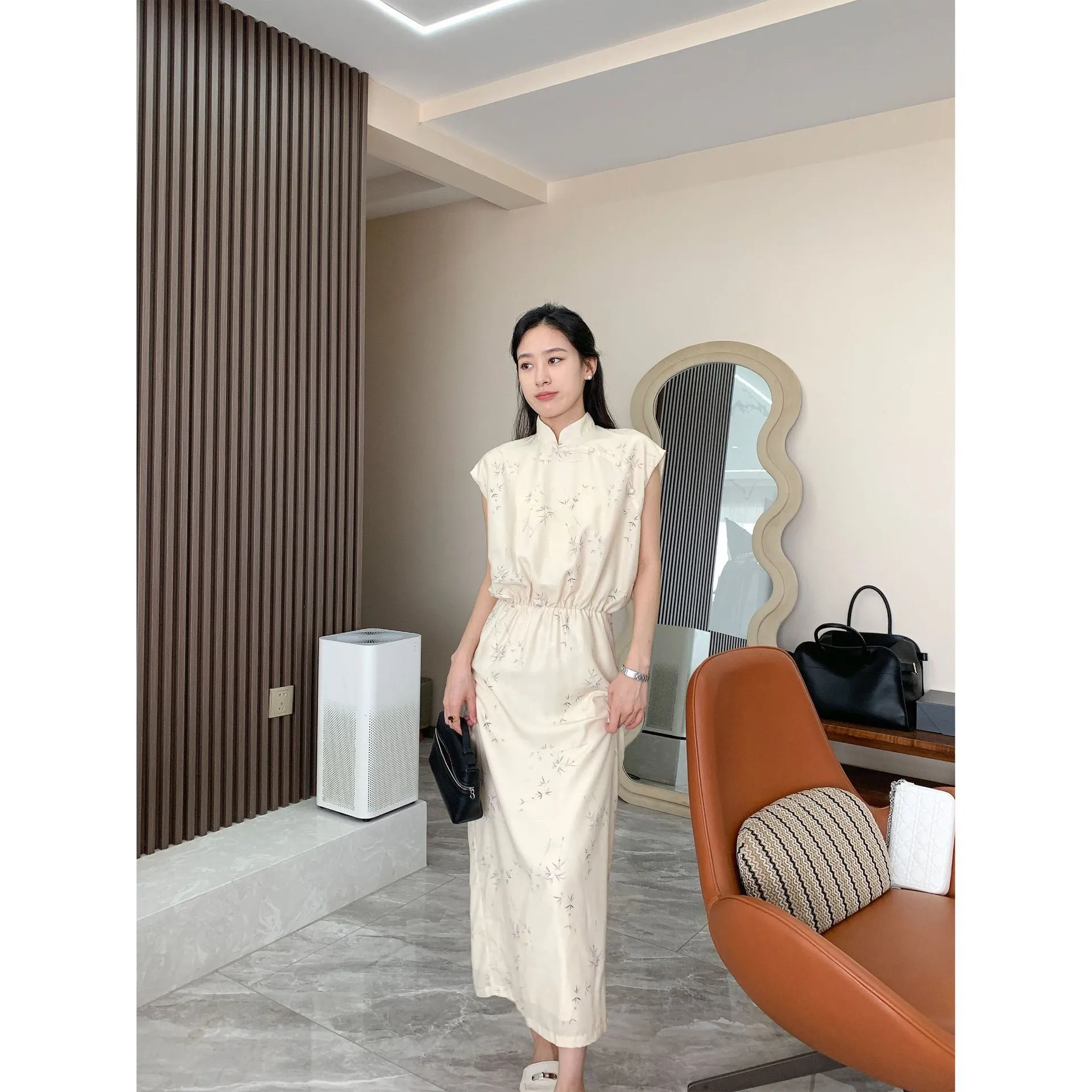 Beautiful New Chinese Style! Ink Painting Zen Bamboo Leaf Tulle Buckle New Chinese Printed Improved Cheongsam Dress Dress