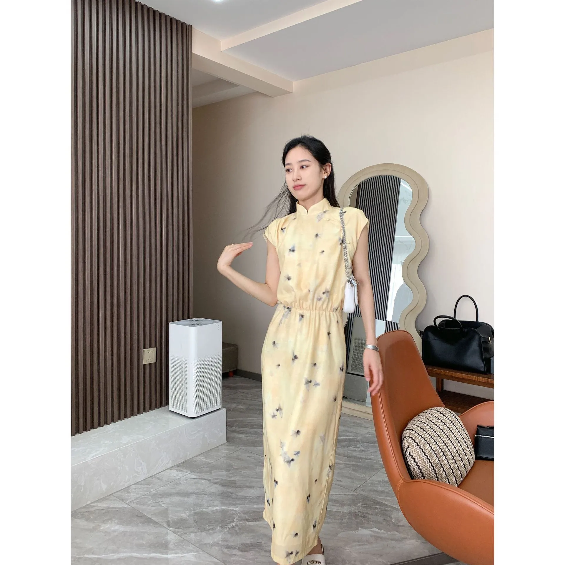 Beautiful New Chinese Style! Ink Painting Zen Bamboo Leaf Tulle Buckle New Chinese Printed Improved Cheongsam Dress Dress