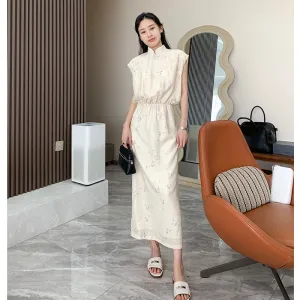Beautiful New Chinese Style! Ink Painting Zen Bamboo Leaf Tulle Buckle New Chinese Printed Improved Cheongsam Dress Dress