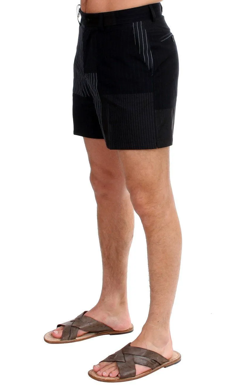 Black Striped Patchwork Cotton Linen Shorts