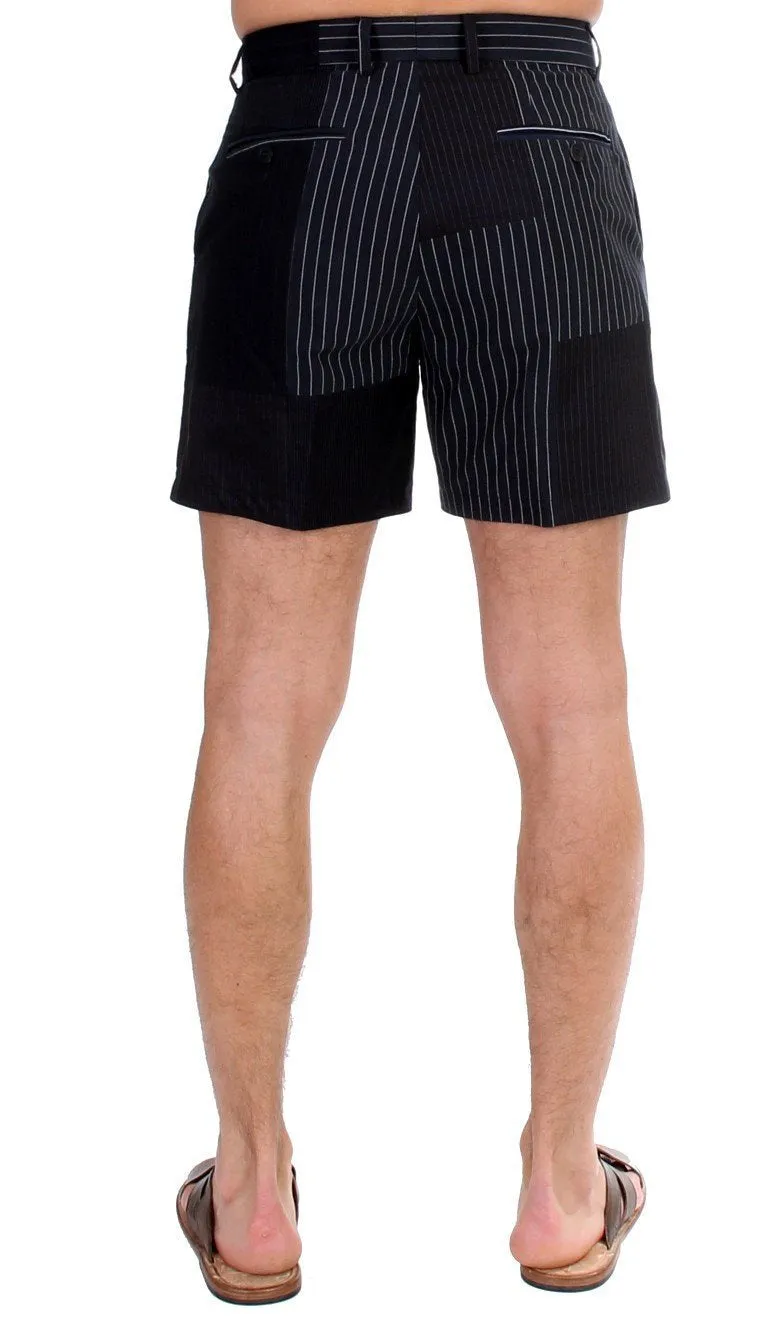 Black Striped Patchwork Cotton Linen Shorts