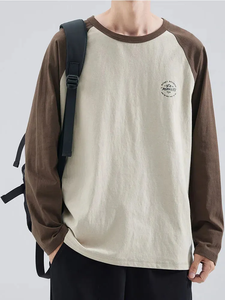 Bonsir Autumn New Patchwork Men's T-shirts Long Sleeve 100% Cotton O-Neck Print Casual Basic Tshirt Male Plus Size Loose Tee Tops