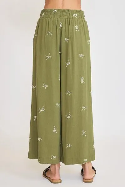 Bow Of Charm Yellowish Green Lace Drawstring Embroidered Bow Wide Leg Pants