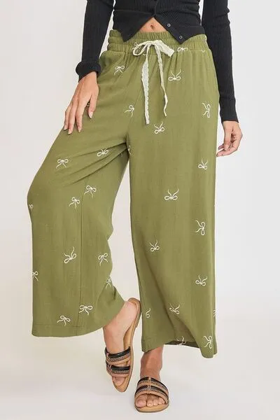 Bow Of Charm Yellowish Green Lace Drawstring Embroidered Bow Wide Leg Pants