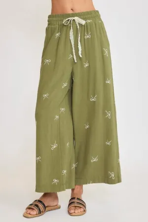 Bow Of Charm Yellowish Green Lace Drawstring Embroidered Bow Wide Leg Pants
