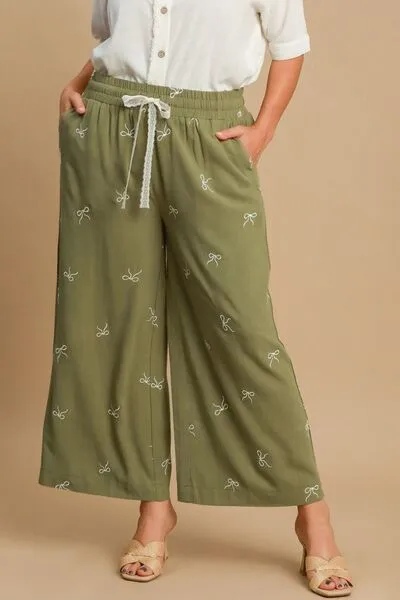 Bow Of Charm Yellowish Green Lace Drawstring Embroidered Bow Wide Leg Pants