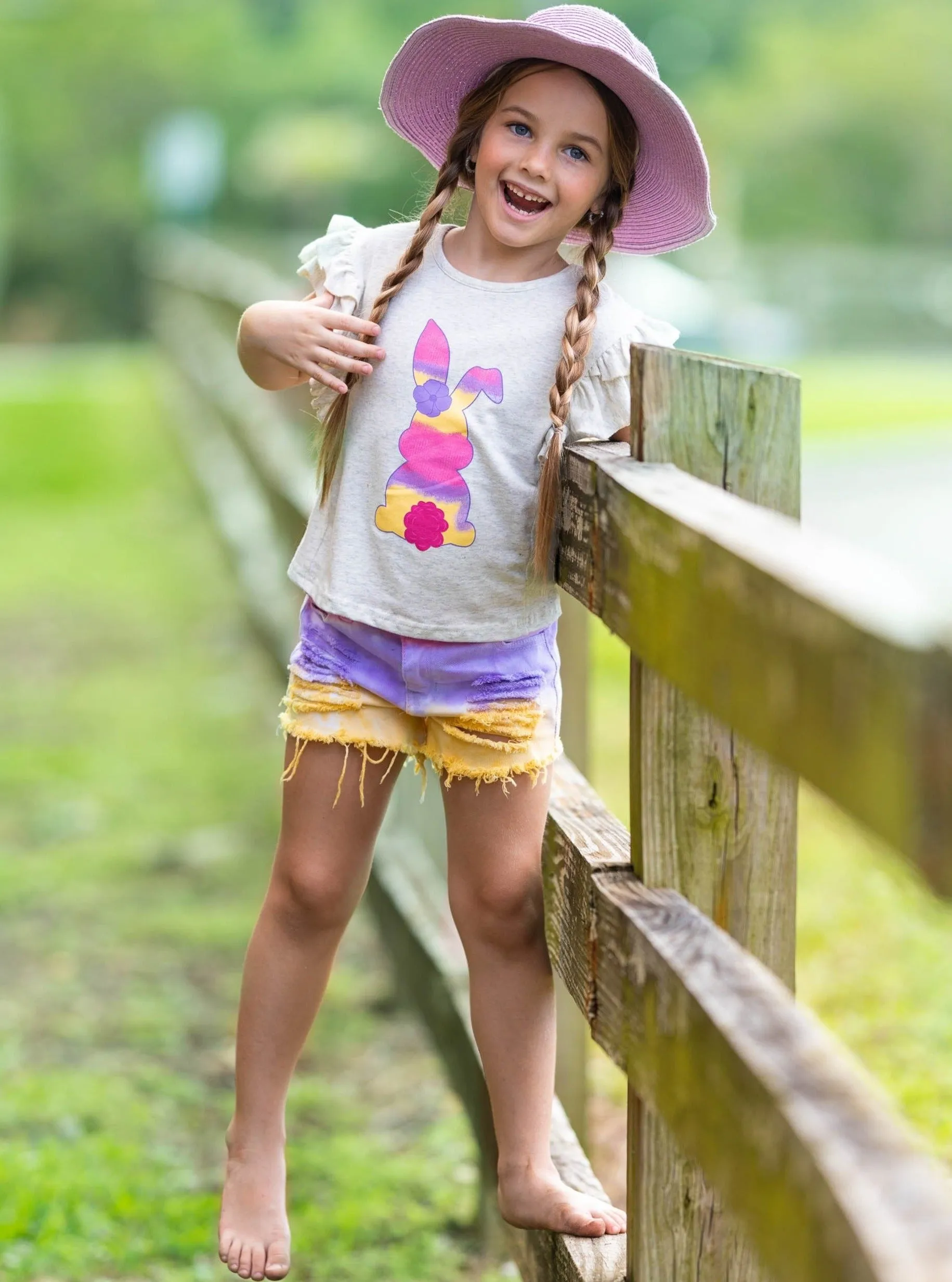 Bunny Tail in Tie Dye Denim Shorts Set