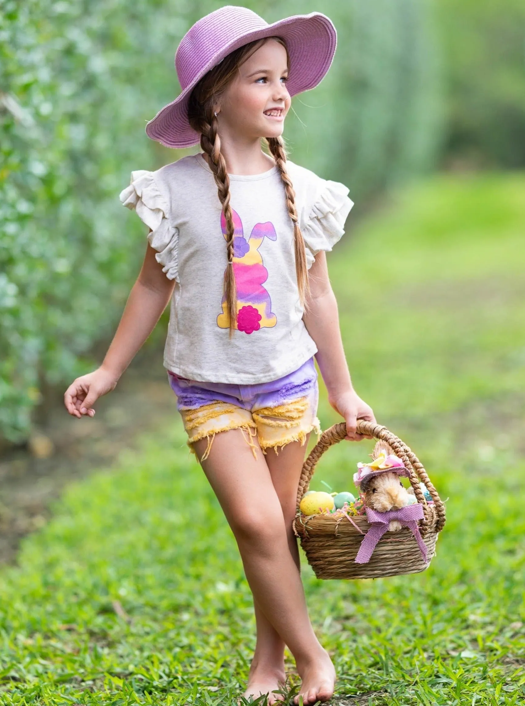 Bunny Tail in Tie Dye Denim Shorts Set