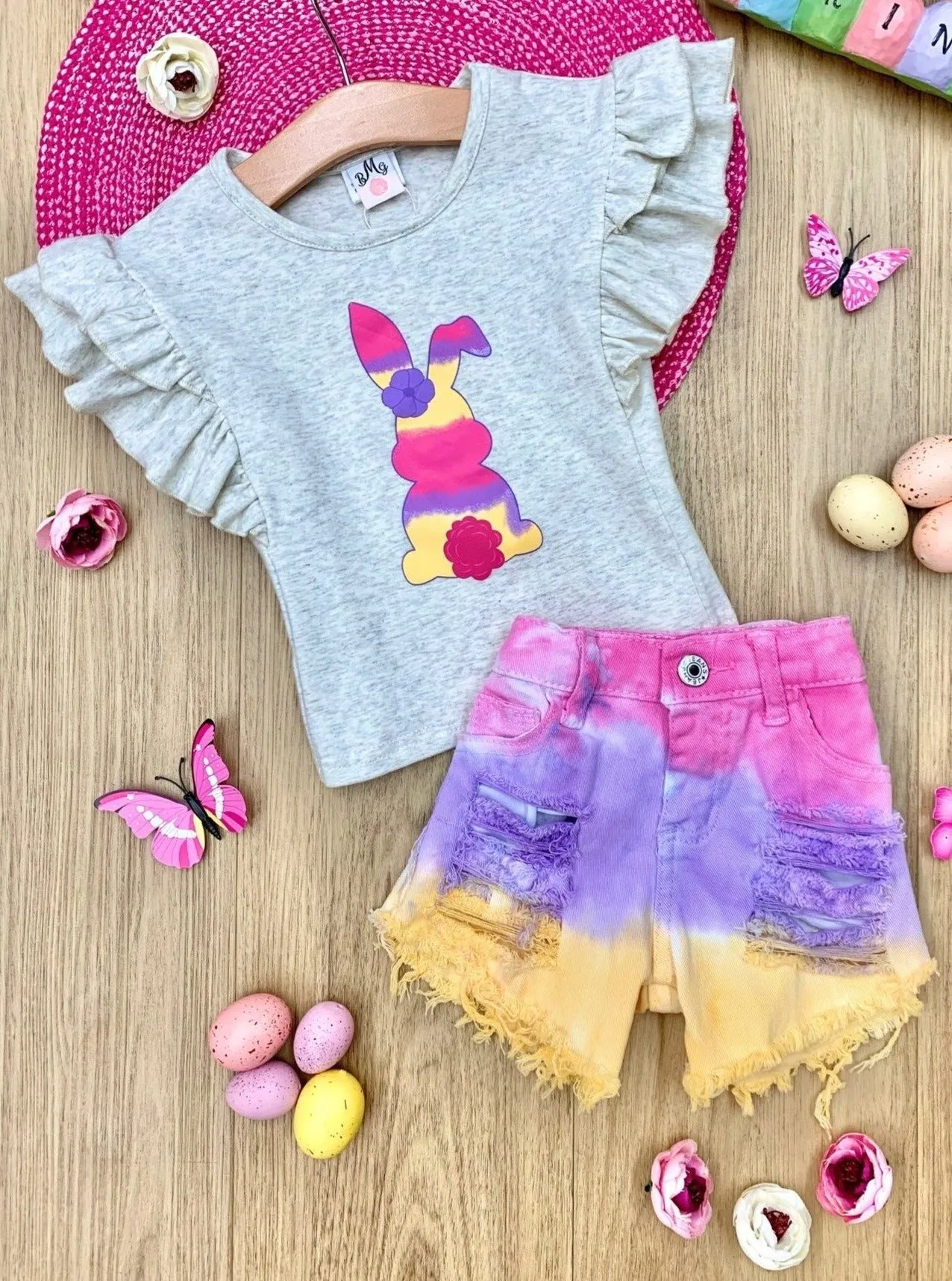 Bunny Tail in Tie Dye Denim Shorts Set