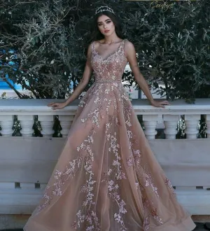 Champagne V Neck Tulle Prom Dresses See Through Appliques Evening Dresses