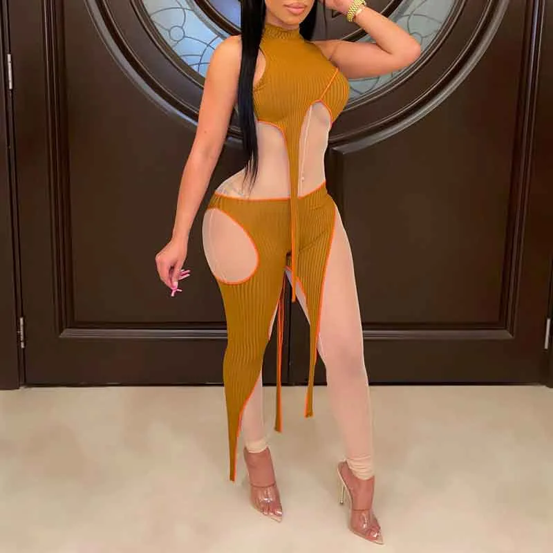 Colorblock Sleeveless Sheer Mesh Patchwork Jumpsuit