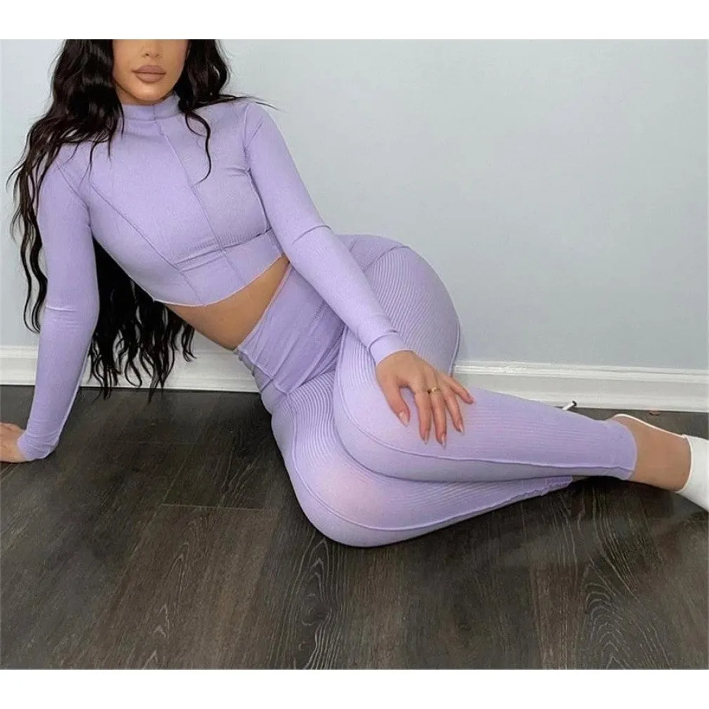ContiNent 33 Cutenew Autumn Solid Two Piece Set Women's Outfits Half High Collar Long Sleeve Crop Top Skinny Leggings Lady Casual Sporty Suit