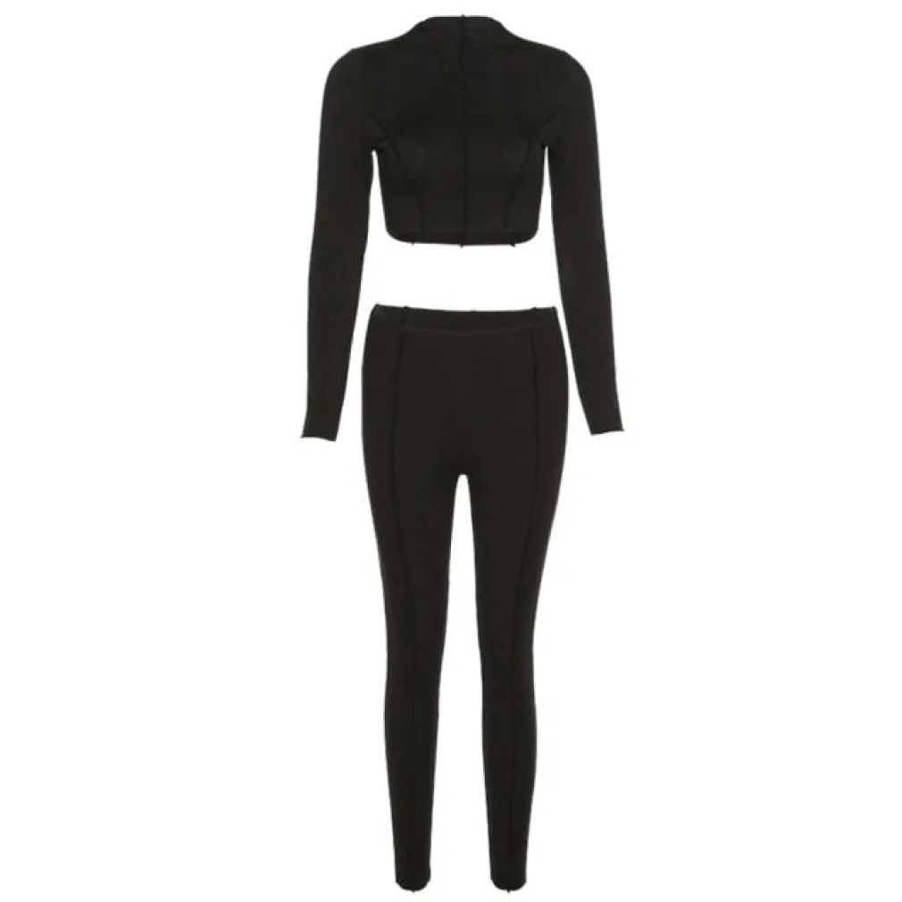 ContiNent 33 Cutenew Autumn Solid Two Piece Set Women's Outfits Half High Collar Long Sleeve Crop Top Skinny Leggings Lady Casual Sporty Suit