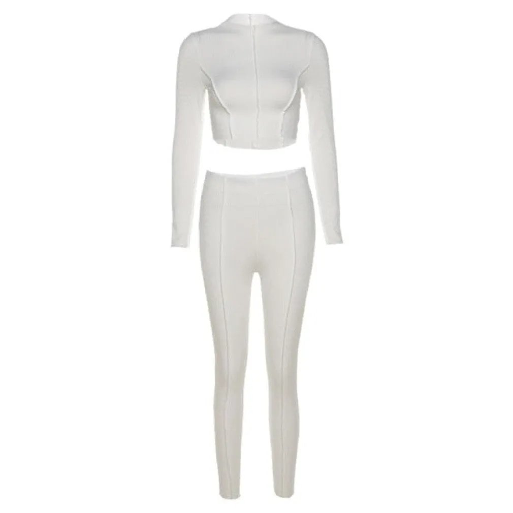 ContiNent 33 Cutenew Autumn Solid Two Piece Set Women's Outfits Half High Collar Long Sleeve Crop Top Skinny Leggings Lady Casual Sporty Suit