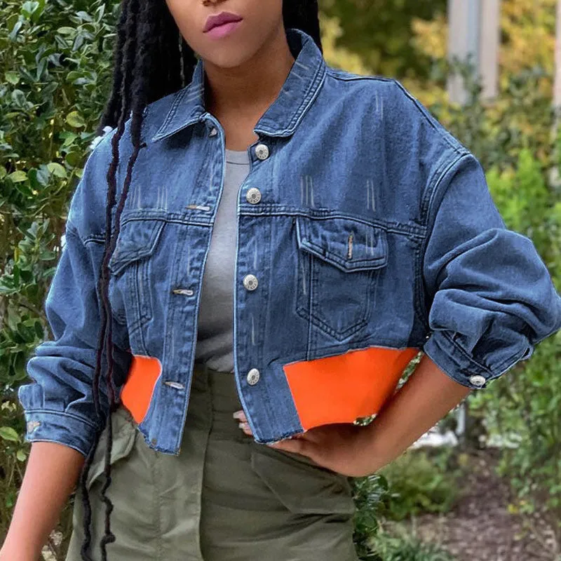 Denim Patchwork Button Pocket Design Long Sleeve Coat