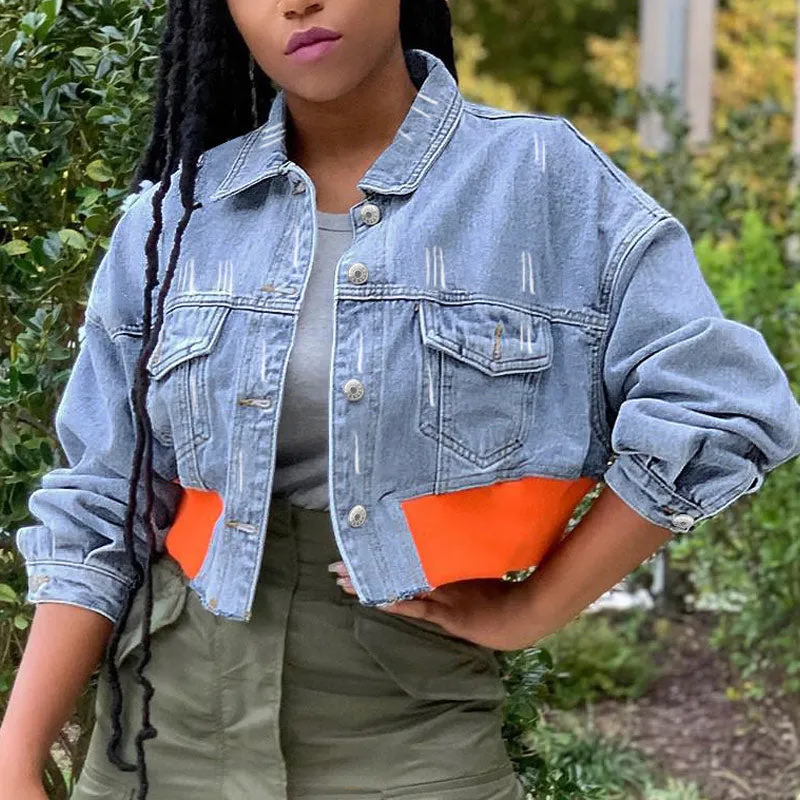 Denim Patchwork Button Pocket Design Long Sleeve Coat