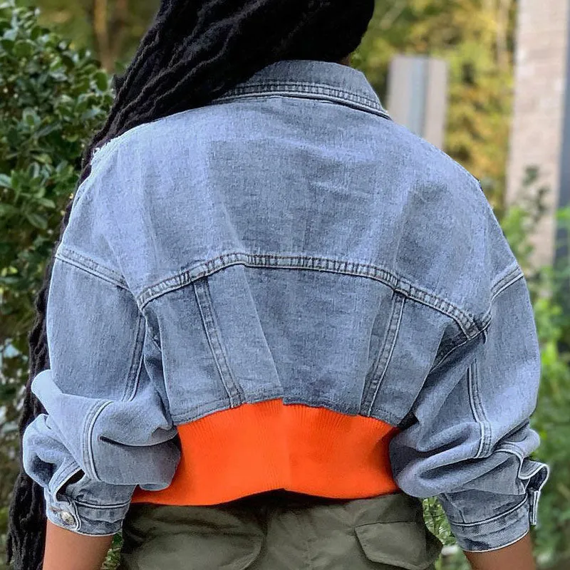 Denim Patchwork Button Pocket Design Long Sleeve Coat