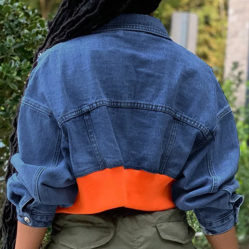 Denim Patchwork Button Pocket Design Long Sleeve Coat