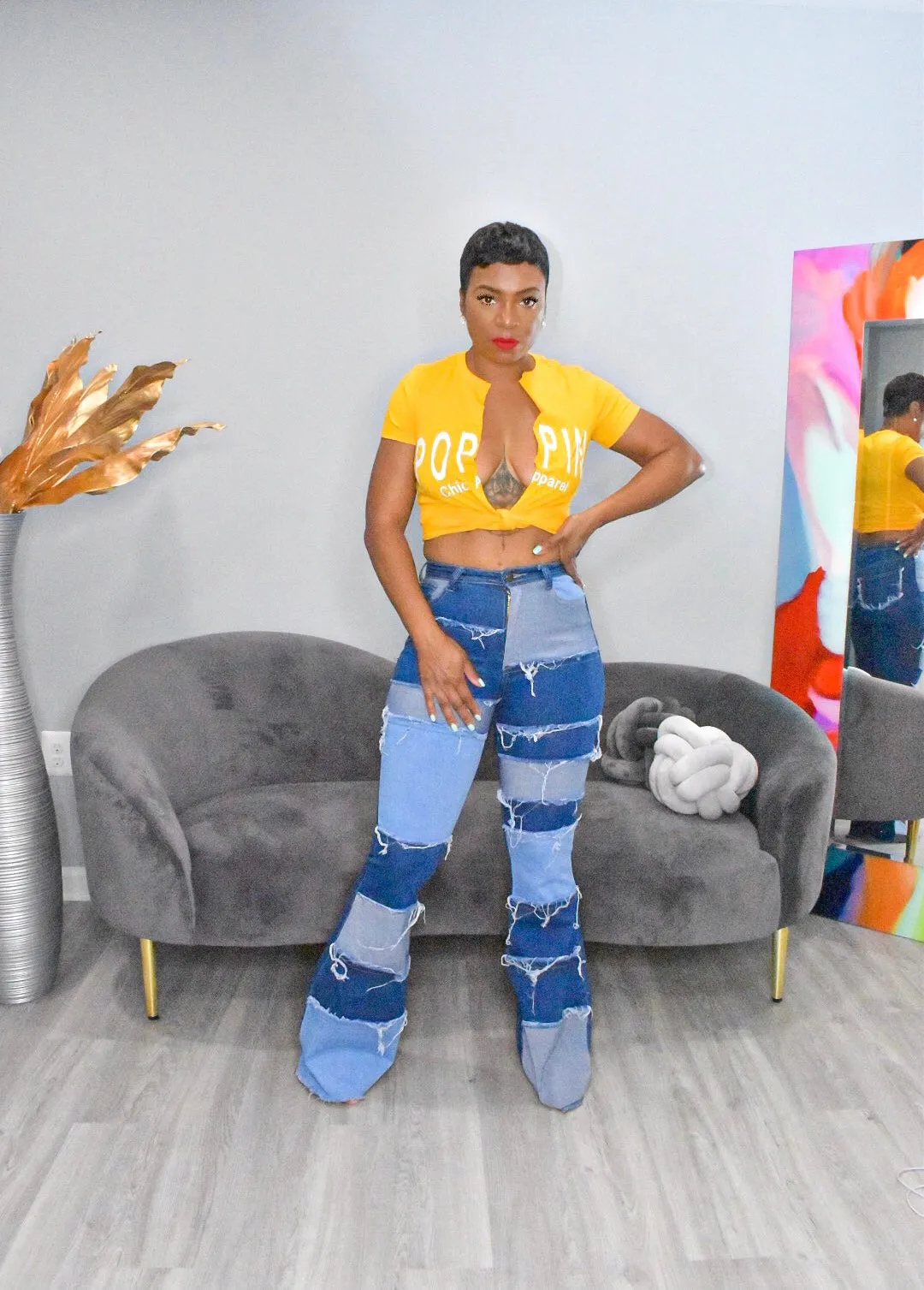 Denim Patchwork Flared Jeans