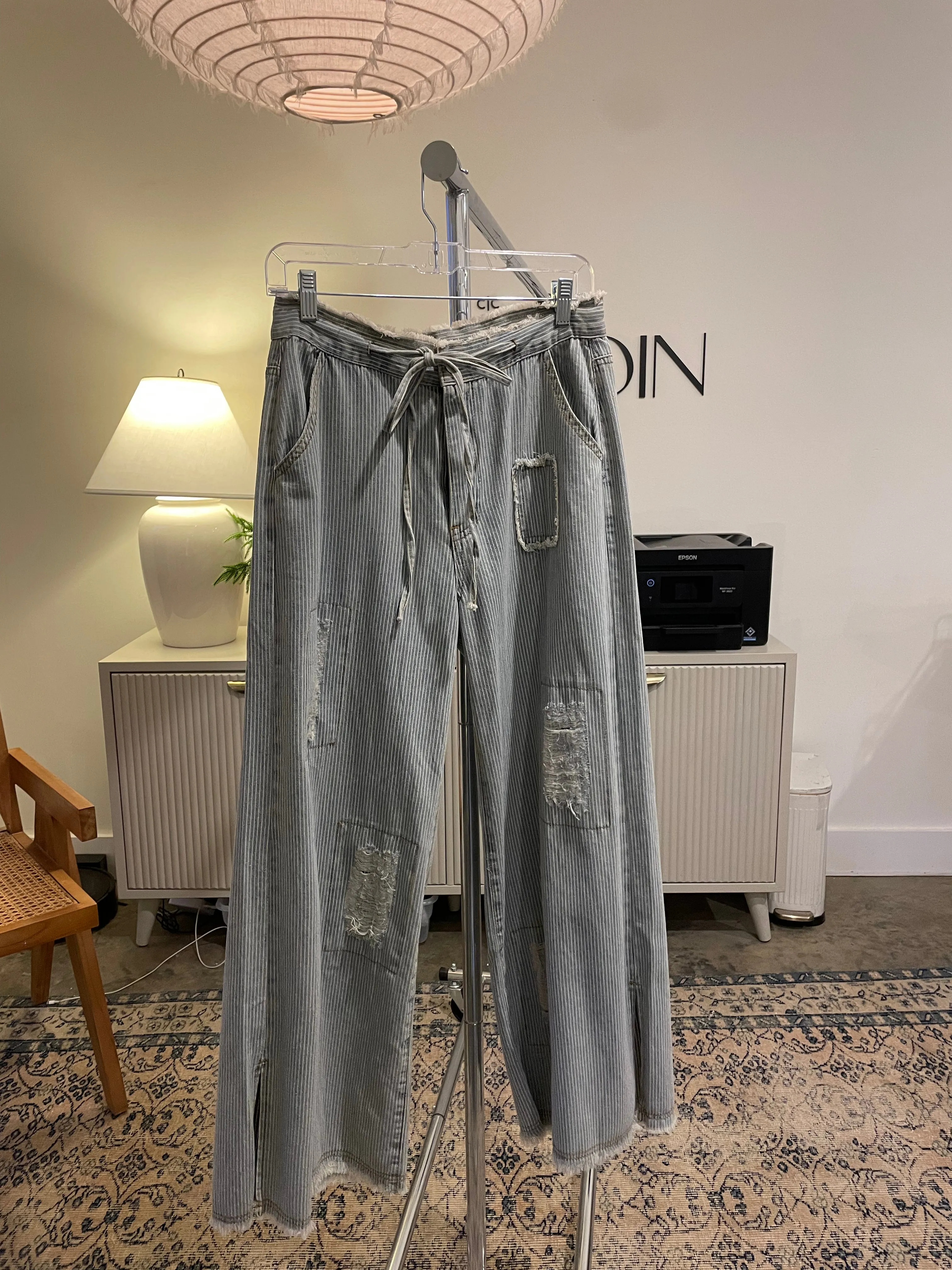 Distressed Denim Striped Pants