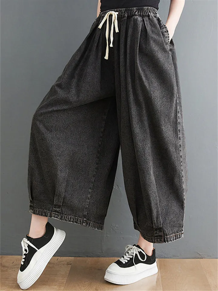 Drawstring Baggy Wide Leg Jeans for Women