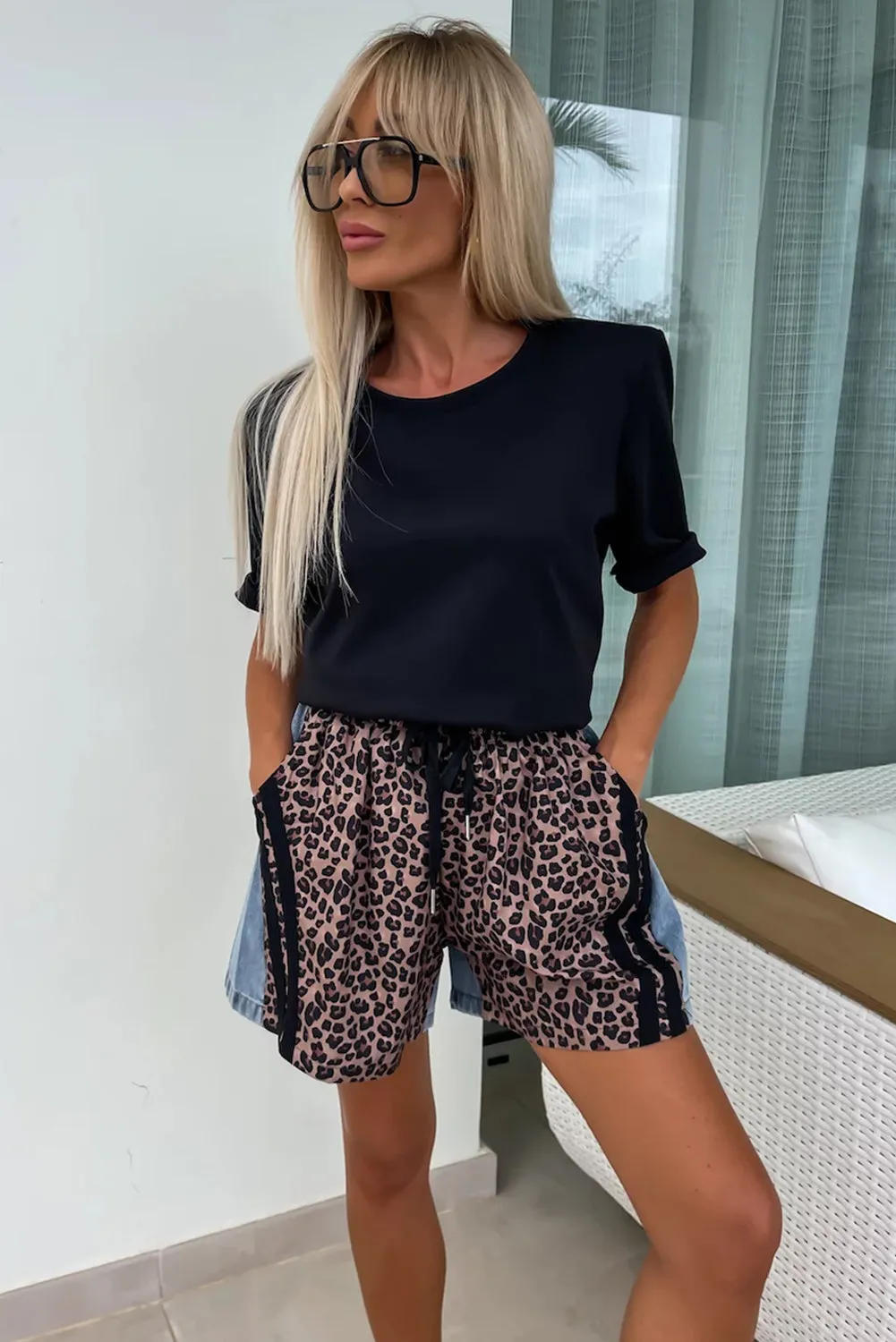 Dusk Blue Leopard Patchwork Drawstring Denim Shorts