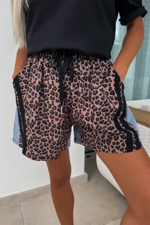 Dusk Blue Leopard Patchwork Drawstring Denim Shorts