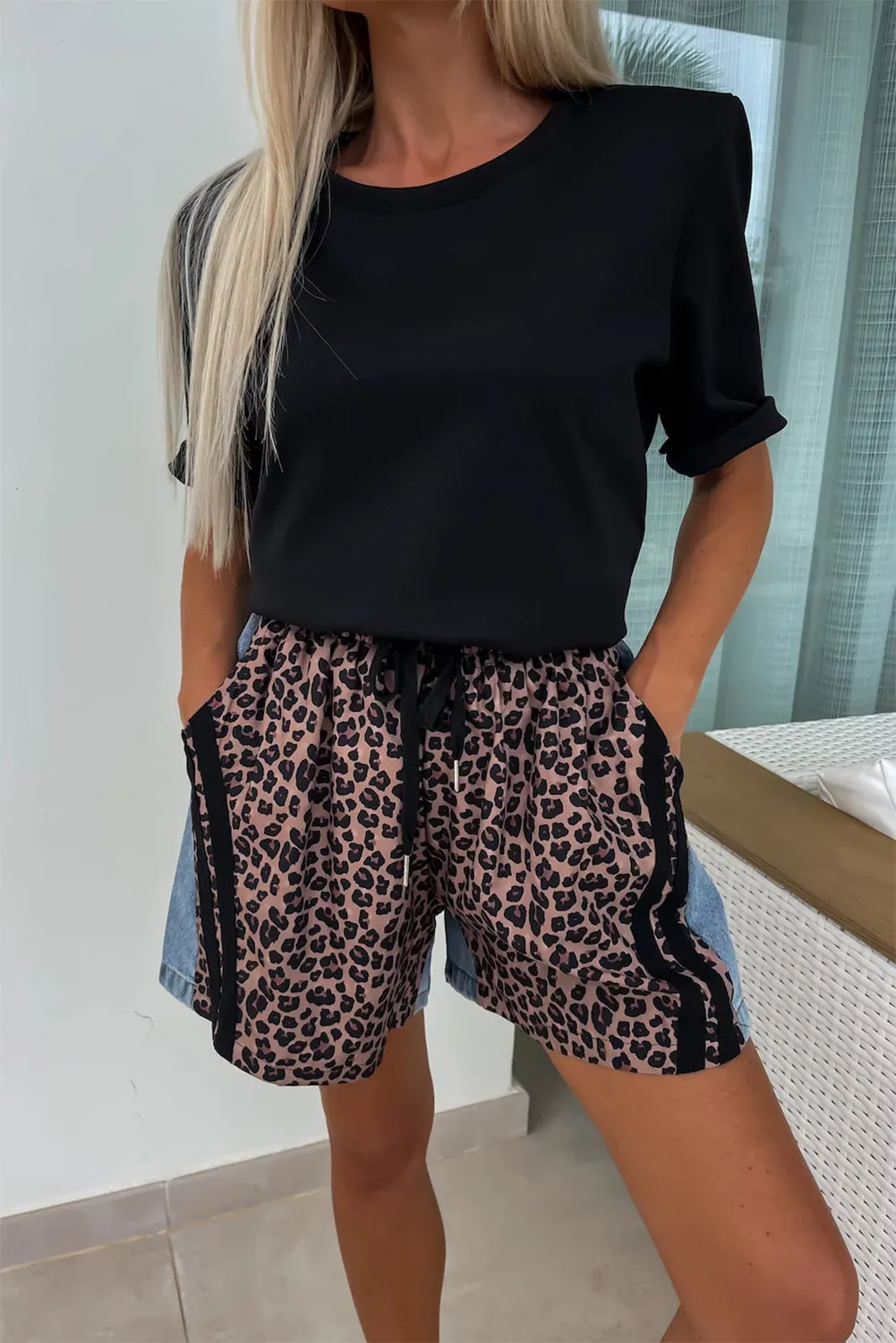 Dusk Blue Leopard Patchwork Drawstring Denim Shorts