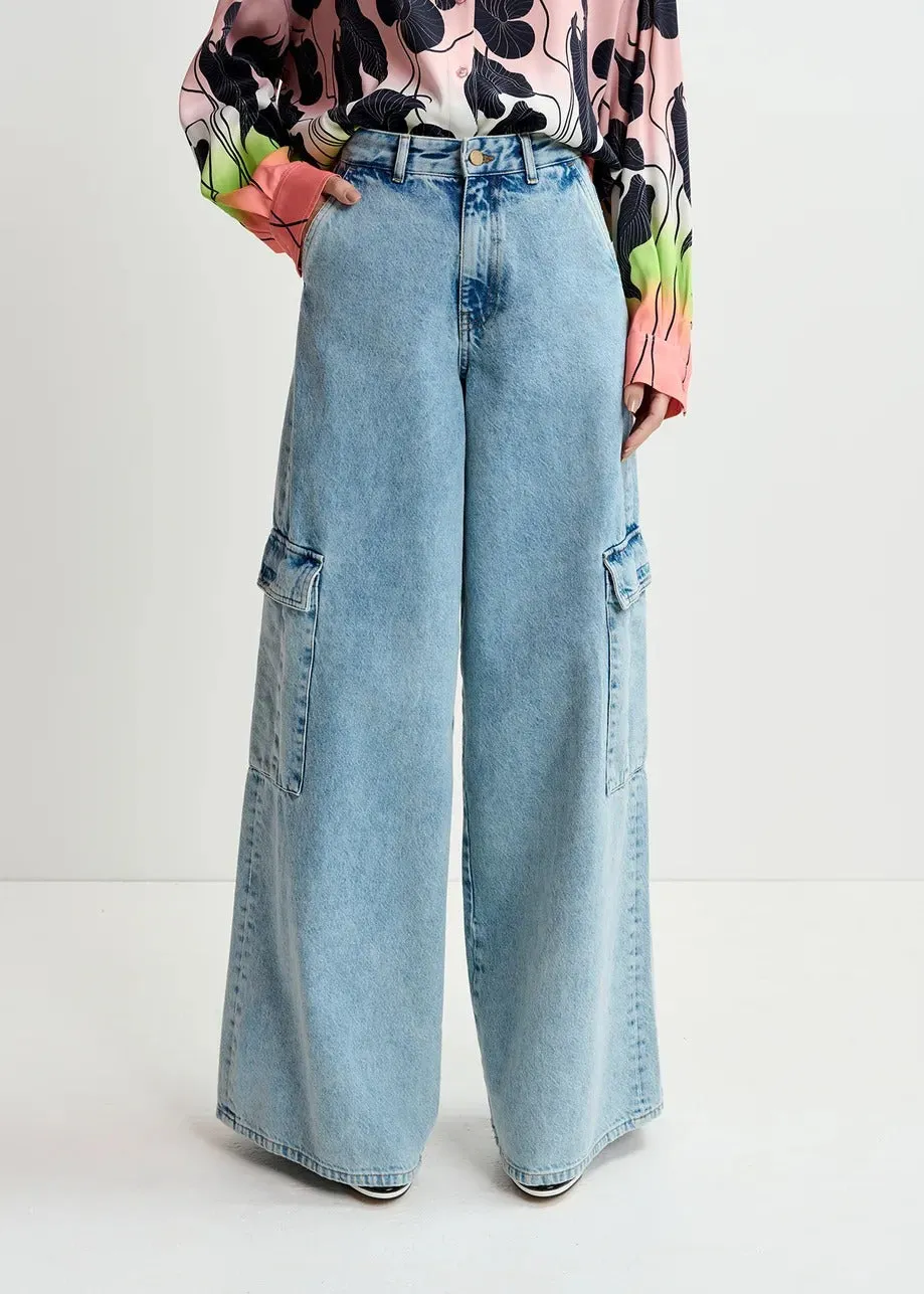 Essentiel Antwerp Gnome Flared Cargo Jeans in Another Blue