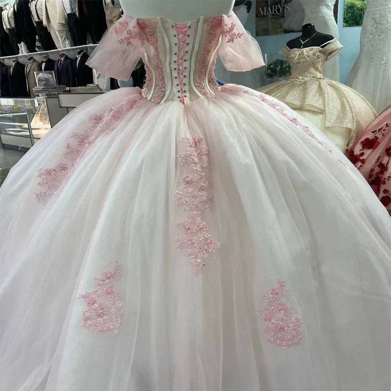 Fairy Pink Off-the-Shoulder See-through Tulle Party Gown