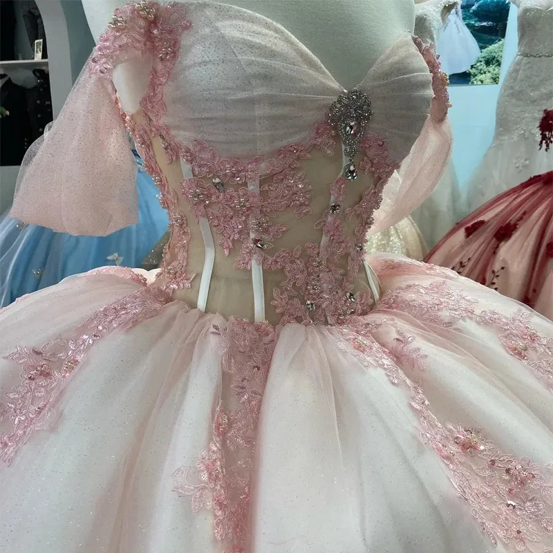 Fairy Pink Off-the-Shoulder See-through Tulle Party Gown