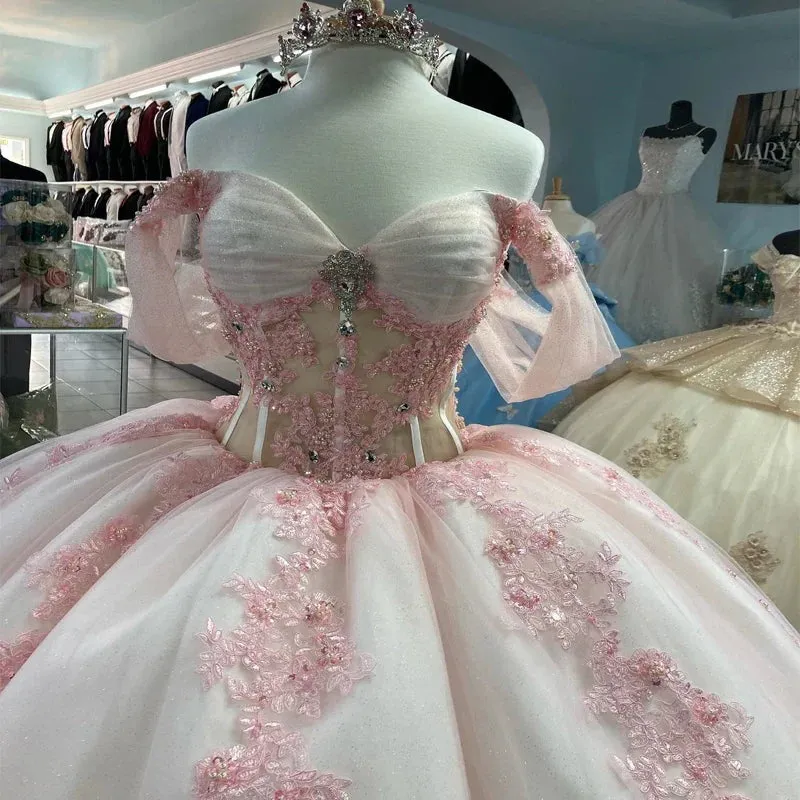 Fairy Pink Off-the-Shoulder See-through Tulle Party Gown