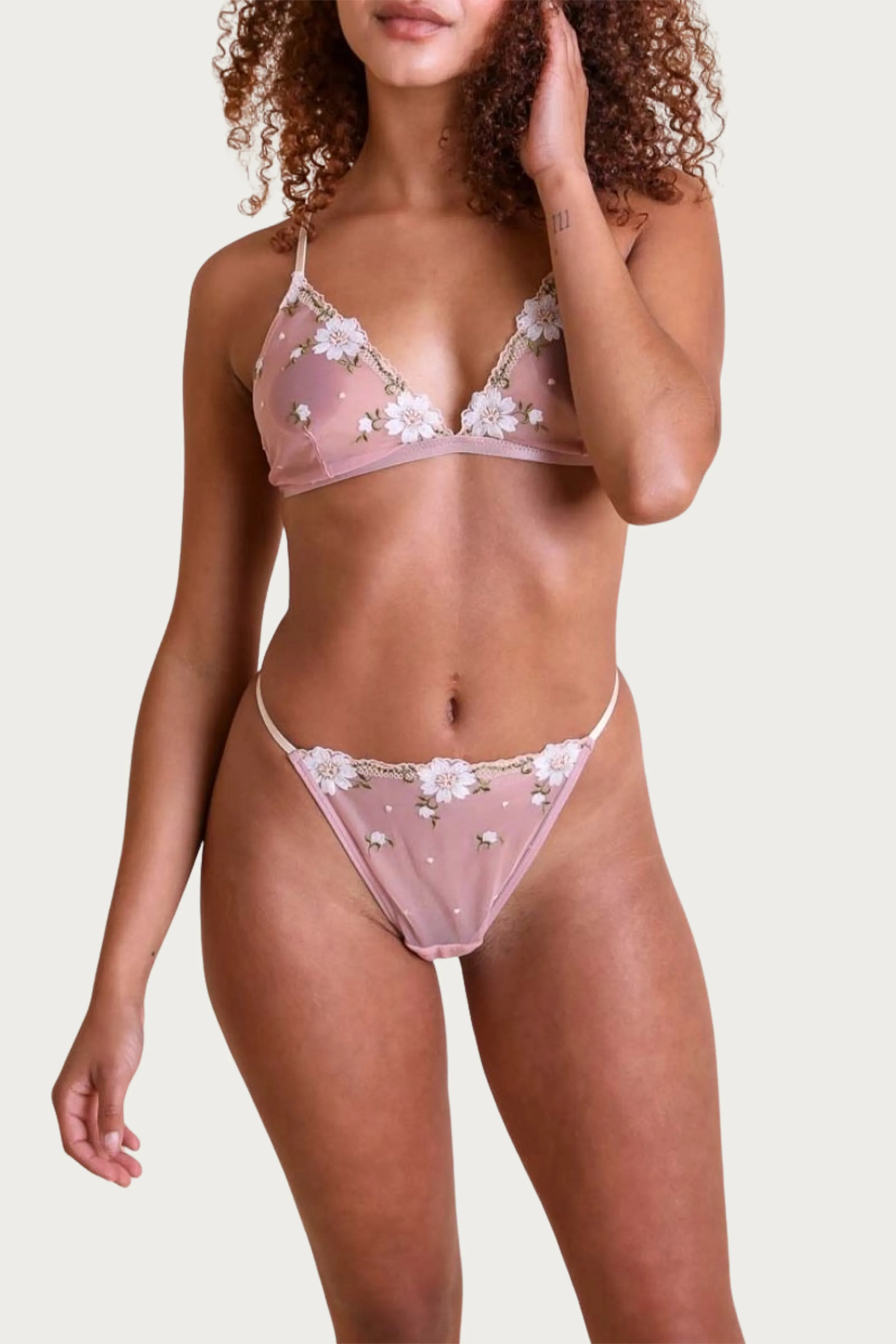 FLORAL-EMBROIDERED MESH TULLE THONG