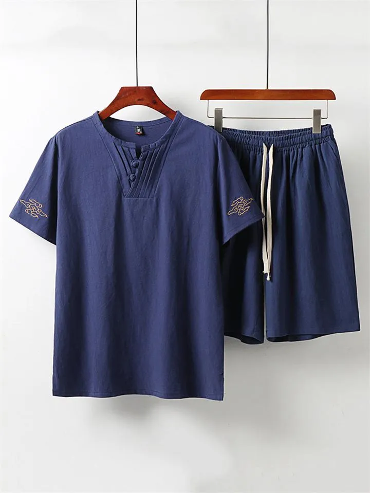 Graphic Print Lightweight 2-Piece Outfit Button T-Shirt   Drawstring Waistband Shorts