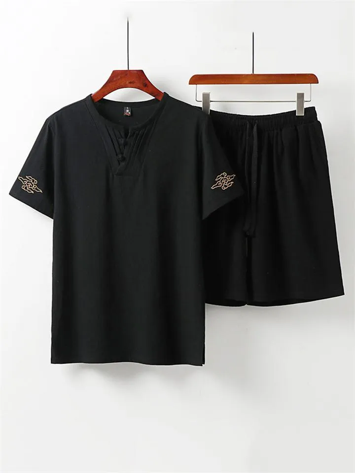 Graphic Print Lightweight 2-Piece Outfit Button T-Shirt   Drawstring Waistband Shorts