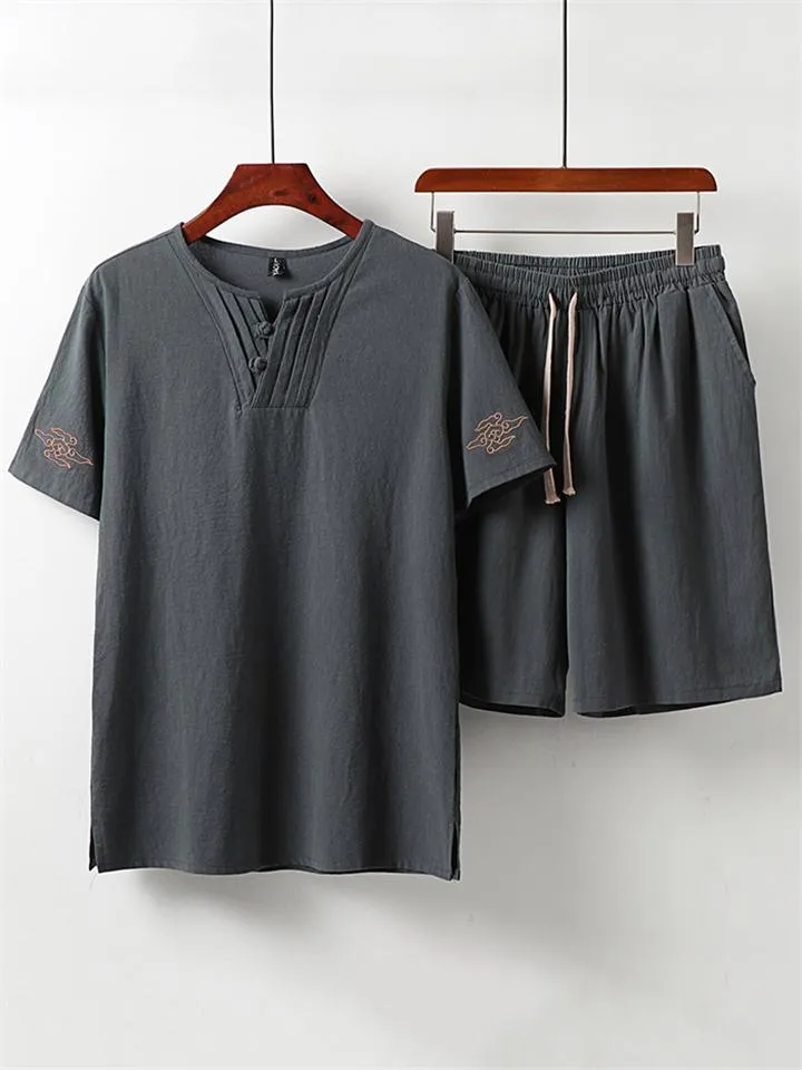 Graphic Print Lightweight 2-Piece Outfit Button T-Shirt   Drawstring Waistband Shorts
