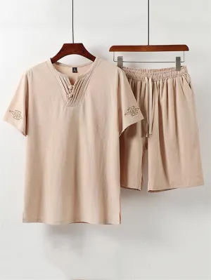 Graphic Print Lightweight 2-Piece Outfit Button T-Shirt   Drawstring Waistband Shorts