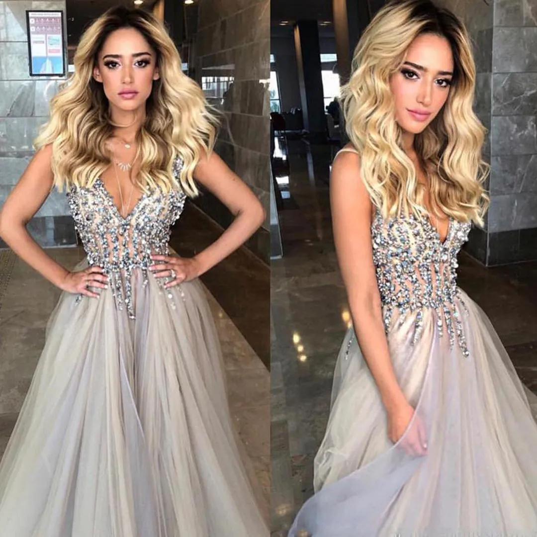 Gray Beaded A-Line V-Neck Modest Long Prom Dress with Sweep Train, MP238