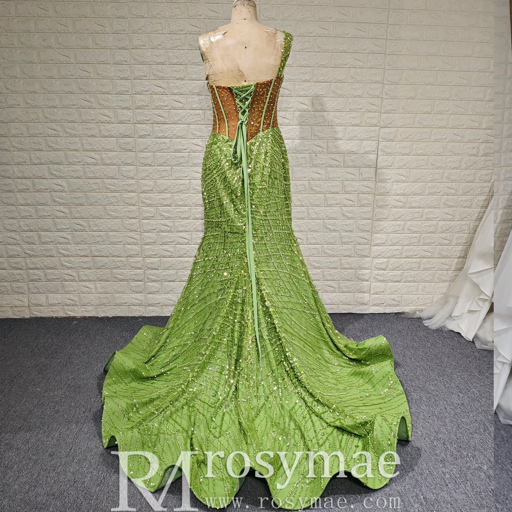 Green One Shoulder Long Evening Dress Formal Gown with Leg Slit