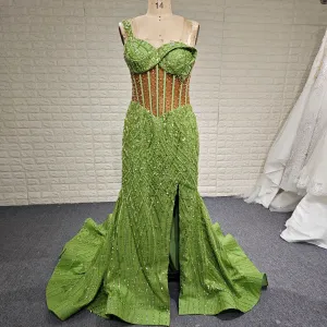 Green One Shoulder Long Evening Dress Formal Gown with Leg Slit
